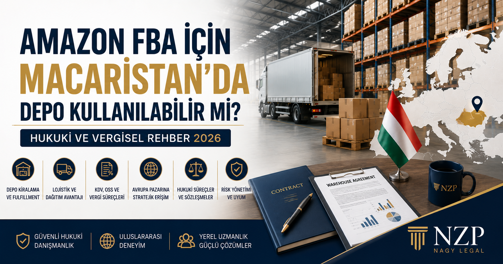 Amazon FBA Macaristan | Depo Kiralama ve Hukuki Rehber 2026 – NZP Nagy Legal Amazon FBA Macaristan operasyonları için depo kiralama, fulfillment hizmetleri, lojistik, Avrupa Birliği pazarı ve hukuki süreçleri temsil eden NZP Nagy Legal temalı görsel.