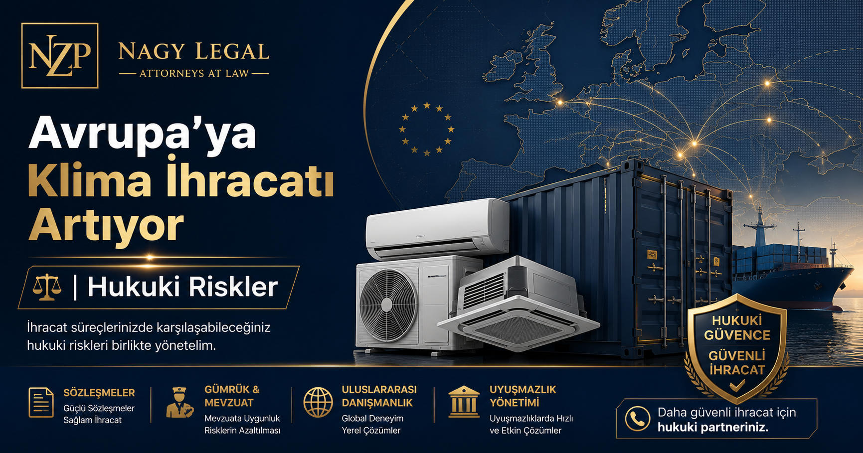 NZP Nagy Legal logosu eşliğinde lacivert ve altın renklerde tasarlanmış kurumsal görsel. Avrupa'ya klima ihracatını simgeleyen konteyner, HVAC klima ünitesi, Avrupa haritası ve yük gemisi yer almakta; uluslararası ticaret, ihracat hukuku, gümrük mevzuatı ve ticari sözleşmelere vurgu yapılmaktadır.