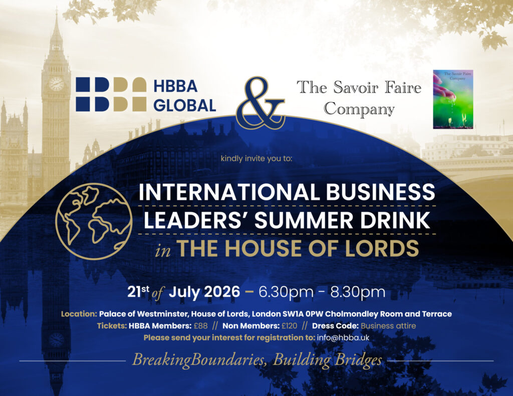 HBBA Global International Business Leaders' Summer Drink Reception 2026 etkinlik afişi. Londra'daki House of Lords'ta düzenlenen uluslararası iş liderleri networking etkinliğini tanıtan kurumsal görsel.